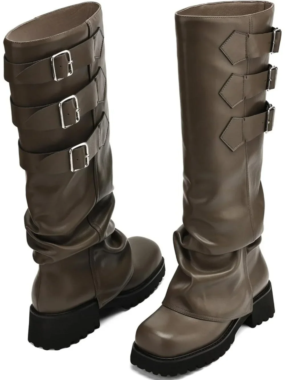 Women's Khaki Block Heeled Square Toe Fold Over Knee High Moto Riding Boots